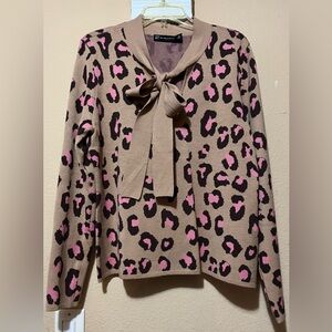 New York & Company tan, brown & pink leopard knit 2 pc sweater & skirt set. NWOT